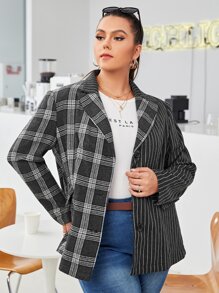 SHEIN Unity Plus Peak Neck Plaid & Striped Print Flap Detail Blazer - Multicolor - View 3