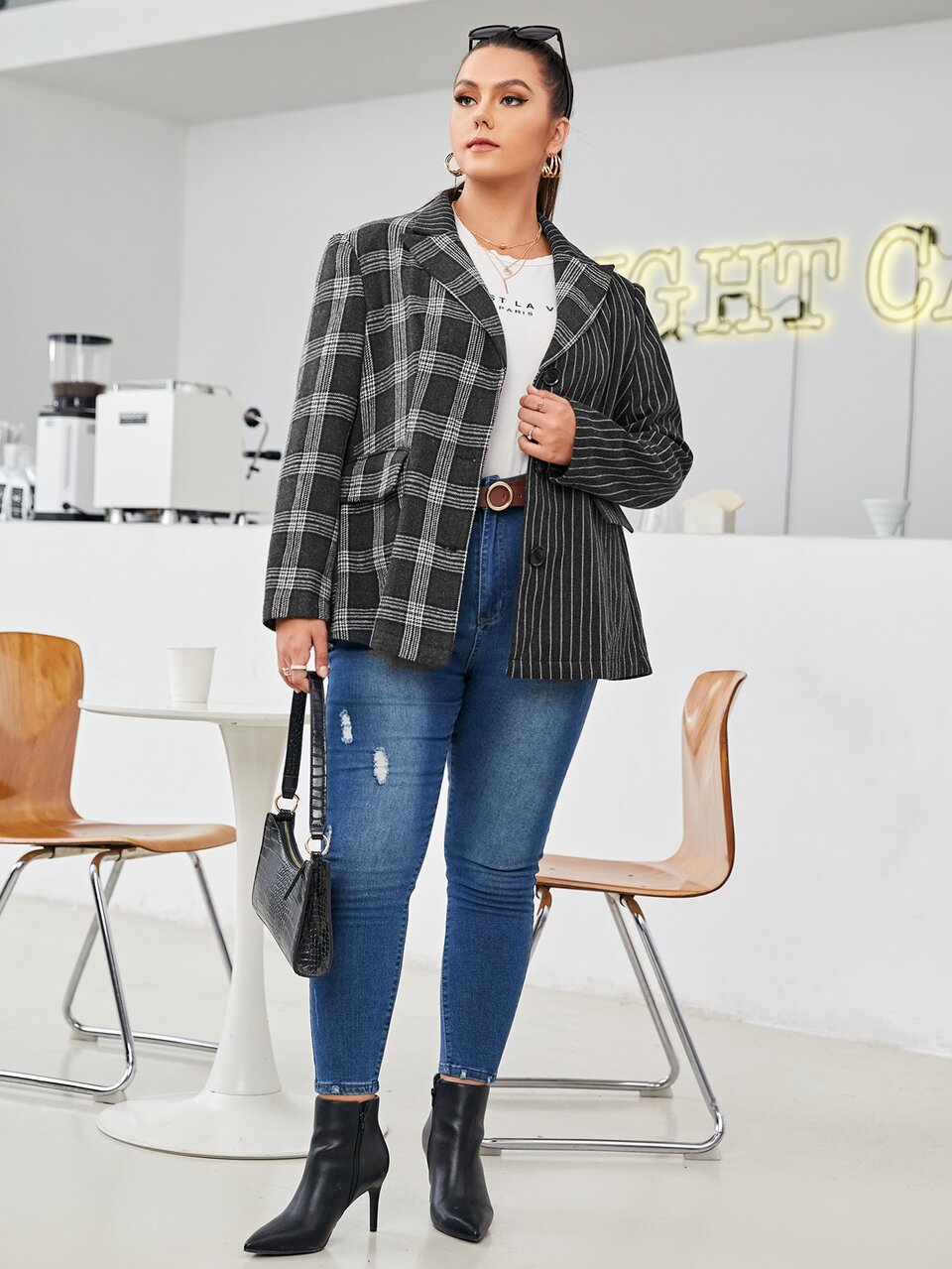 Plus Peak Neck Plaid & Striped Print Flap Detail Blazer