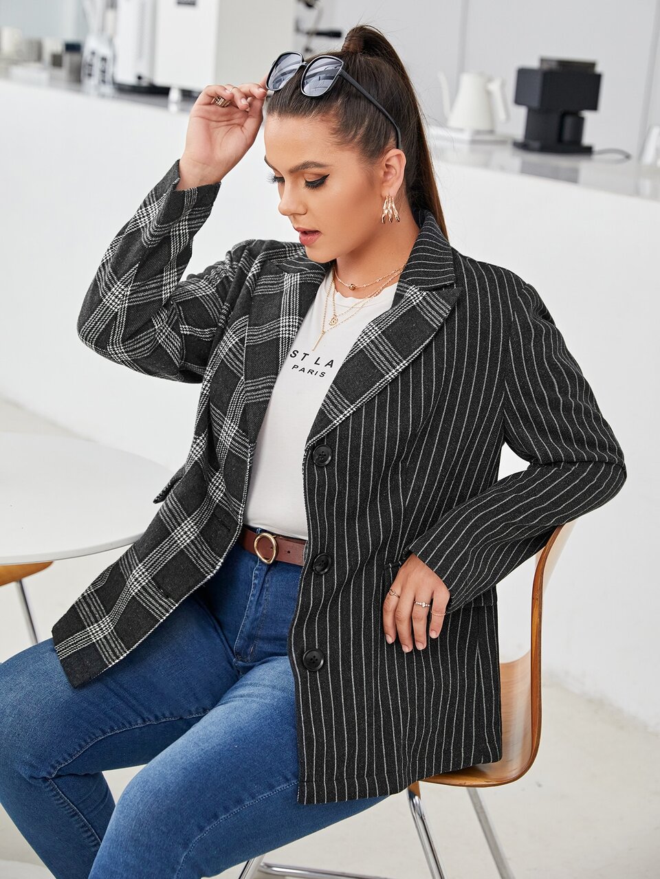 Plus Peak Neck Plaid & Striped Print Flap Detail Blazer