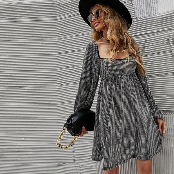

Plaid Pattern Sweetheart Neck Lantern Sleeve Glitter Dress, Silver