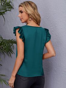 SHEIN Clasi V Neck Ruffle Armhole Blouse - Cadet Blue - View 2