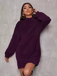 SHEIN EZwear Vestido sudadera con cuello alto y hombros caídos tipo teddy, manga larga para otoño/invierno - Morado - Ver 1