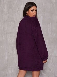SHEIN EZwear Vestido sudadera con cuello alto y hombros caídos tipo teddy, manga larga para otoño/invierno - Morado - Ver 2
