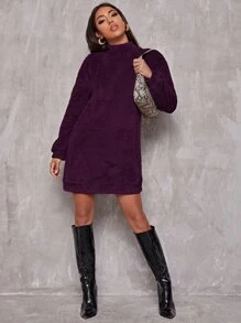 SHEIN EZwear Vestido sudadera con cuello alto y hombros caídos tipo teddy, manga larga para otoño/invierno - Morado - Ver 6