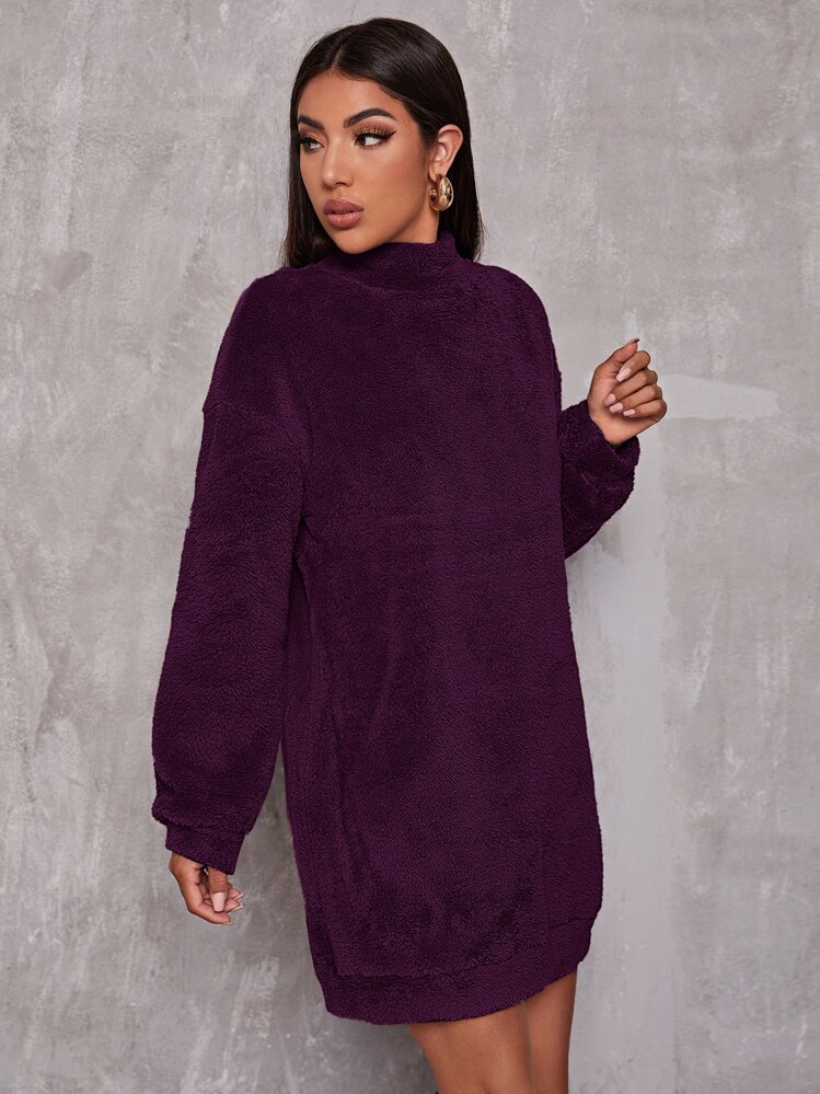 SHEIN EZwear 秋冬高领落肩泰迪熊卫衣裙、长袖上衣 - 紫色 - 查看 4