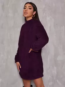 SHEIN EZwear Vestido sudadera con cuello alto y hombros caídos tipo teddy, manga larga para otoño/invierno - Morado - Ver 5