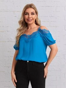 SHEIN Clasi Cold Shoulder Lace Detail Solid Top - Blue - View 1