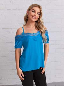 SHEIN Clasi Cold Shoulder Lace Detail Solid Top - Blue - View 5
