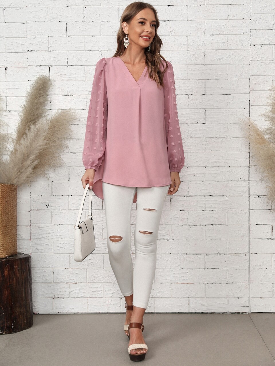 Swiss Dot High Low Hem Blouse Fall Cloth For Women