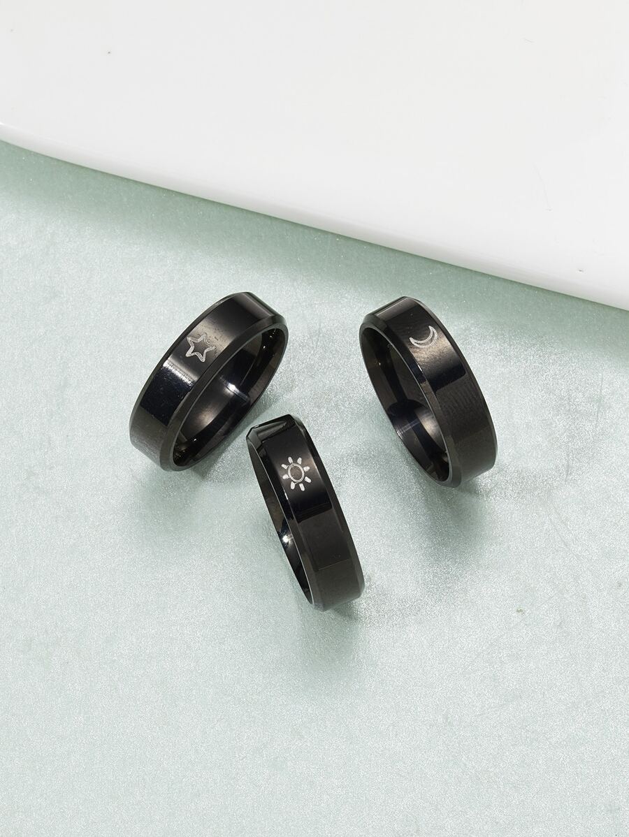3 piezas Anillo con diseño luna & estrella - Negro - Ver 1