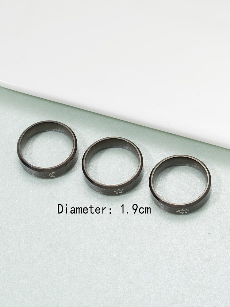 3pcs Moon & Star Detail Ring - Black - View 3
