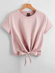 SHEIN LUNE Plus Pearls Beaded Knot Hem Tee - Dusty Pink - View 1