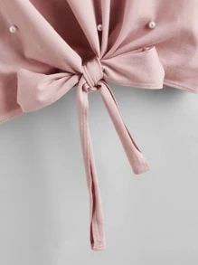 SHEIN LUNE Plus Pearls Beaded Knot Hem Tee - Dusty Pink - View 4