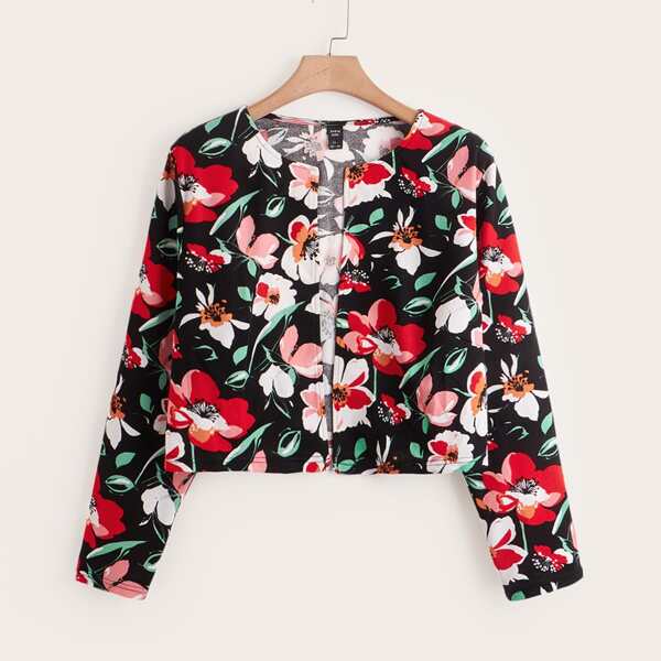 

Plus Floral Print Open Front Jacket, Multicolor