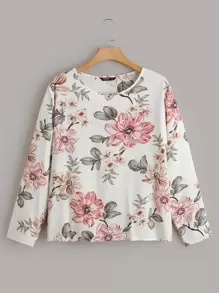 SHEIN LUNE 大碼圓領印花上衣 - 白色 - 查看 1
