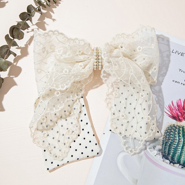 

Faux Pearl Decor Bow Hair Clip, Black and white