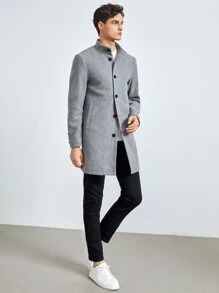 Manfinity VCAY 男士斜口袋前紐扣毛呢混紡夾克 - 灰色 - 查看 4