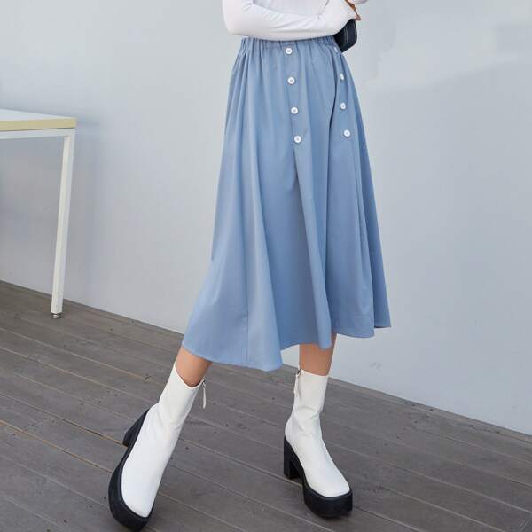 

High Waist Double Breasted Flare Skirt, Dusty blue