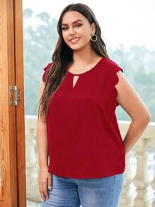 SHEIN Clasi Plus Keyhole Neck Scallop Trim Blouse - Burgundy - View 1