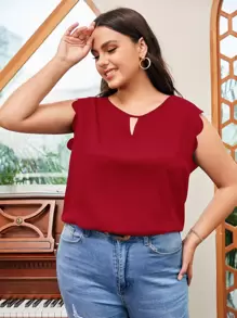 SHEIN Clasi Plus Keyhole Neck Scallop Trim Blouse - Burgundy - View 3