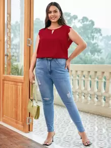 SHEIN Clasi Plus Keyhole Neck Scallop Trim Blouse - Burgundy - View 4