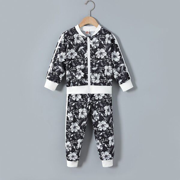 

Toddler Girls Floral Print Kangaroo Pocket Bomber Jacket & Sweatpants, Black and white