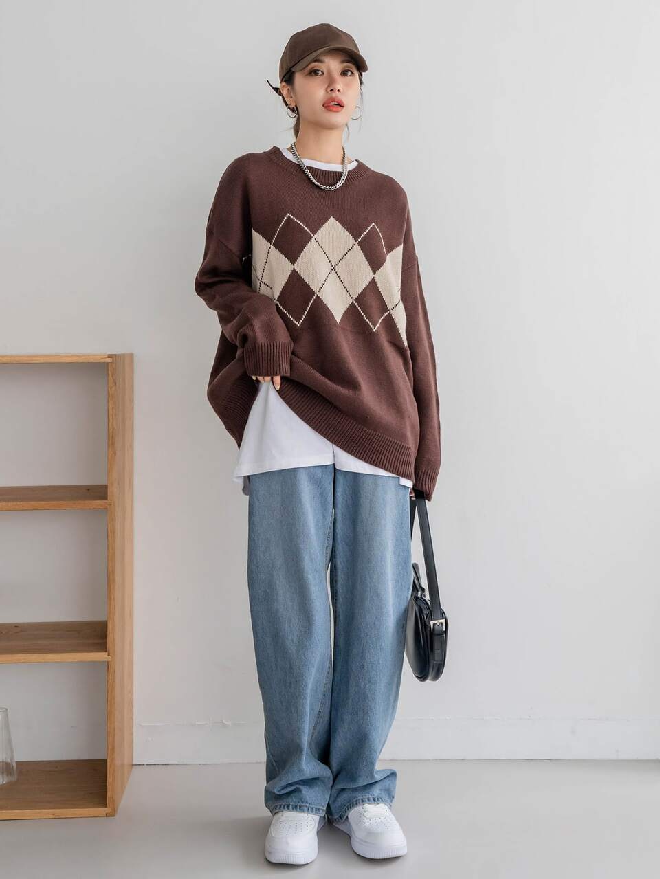 Argyle Pattern Drop Shoulder Sweater