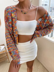 SHEIN ChicEase Space Dye Drop Shoulder Crop Cardigan - Multicolor - View 4