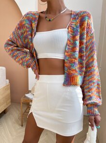 SHEIN ChicEase Space Dye Drop Shoulder Crop Cardigan - Multicolor - View 5