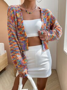 SHEIN ChicEase Space Dye Drop Shoulder Crop Cardigan - Multicolor - View 6