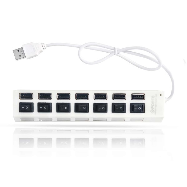 

7 Port USB Splitter With Individual Switches, White