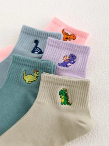 5双女士基本款刺绣恐龙图案袜子，四季款，欧美尺码，尺码充足，舒适透气，耐磨不闷热，适合日常穿着，男女适用，采用优质面料制成 - 彩色 - 查看 3