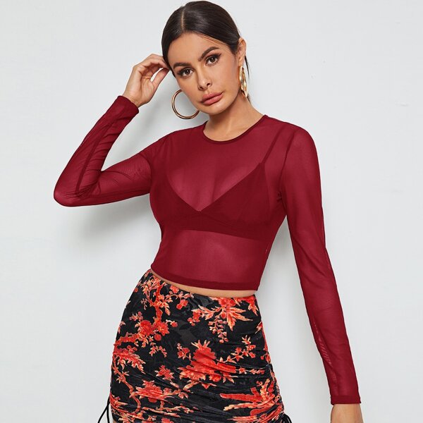 

Mesh Crop Top Without Bra, Burgundy