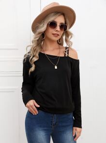 SHEIN LUNE Asymmetrical Neck Solid Top - Black - View 1
