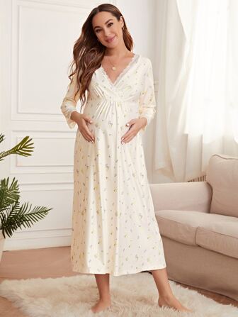 Moonlight & Mama 孕婦碎花蕾絲邊休閒服連衣裙