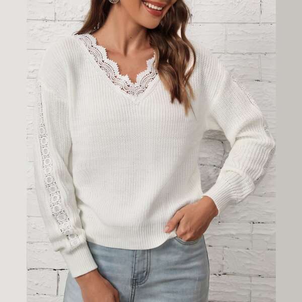 

Contrast Guipure Lace Drop Shoulder Sweater, White
