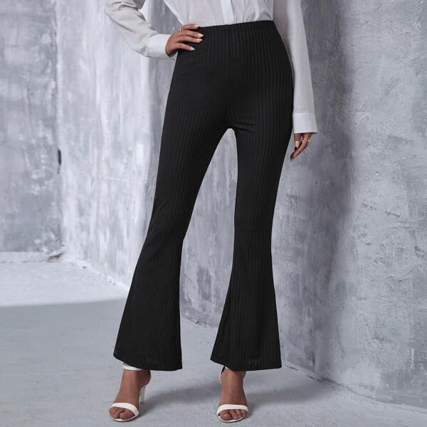

High Waist Ribbed Knit Flare Leg Pants, Black