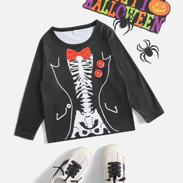 

Toddler Boys Halloween Bow & Skeleton Print Tee, Black