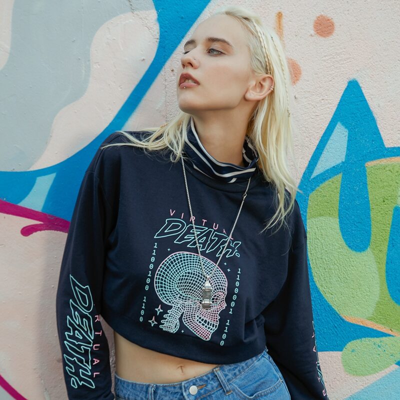 

Streetspo 2 In 1 Letter Skull Graphic Crop Sweatshirt, Navy blue