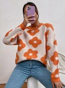 SHEIN Unity Floral Pattern Drop Shoulder Sweater - Multicolor - View 1