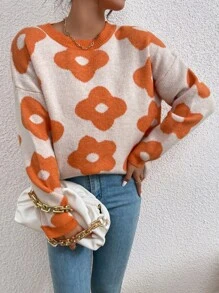 SHEIN Unity Floral Pattern Drop Shoulder Sweater - Multicolor - View 5