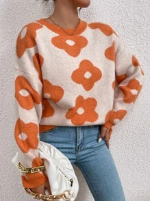 SHEIN Unity Floral Pattern Drop Shoulder Sweater - Multicolor - View 6