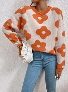 SHEIN Unity Floral Pattern Drop Shoulder Sweater - Multicolor - View 7