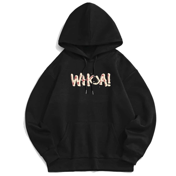 

Guys Letter Print Drawstring Hoodie, Black