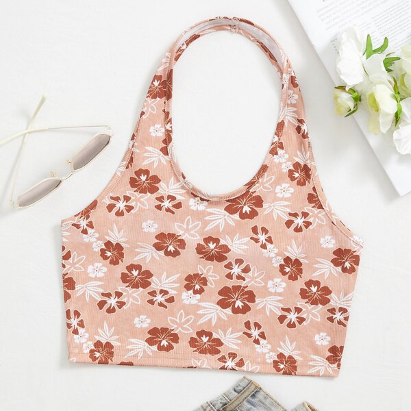 

Floral Print Backless Rib Knit Halter Crop Top, Apricot