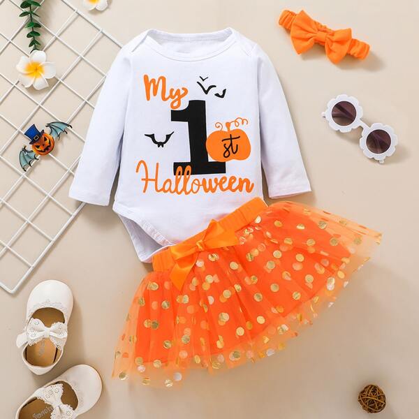 

Baby Halloween Pumpkin And Slogan Graphic Bodysuit & Bow Mesh Skirt & Headband, Multicolor