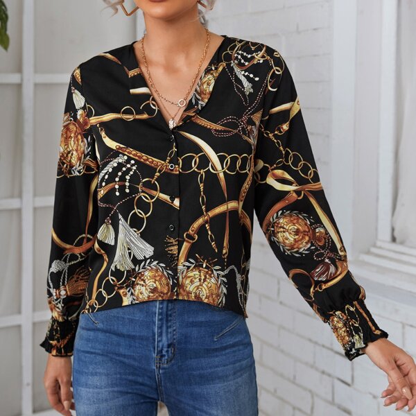 

Chain Print Shirred Cuff Blouse, Multicolor