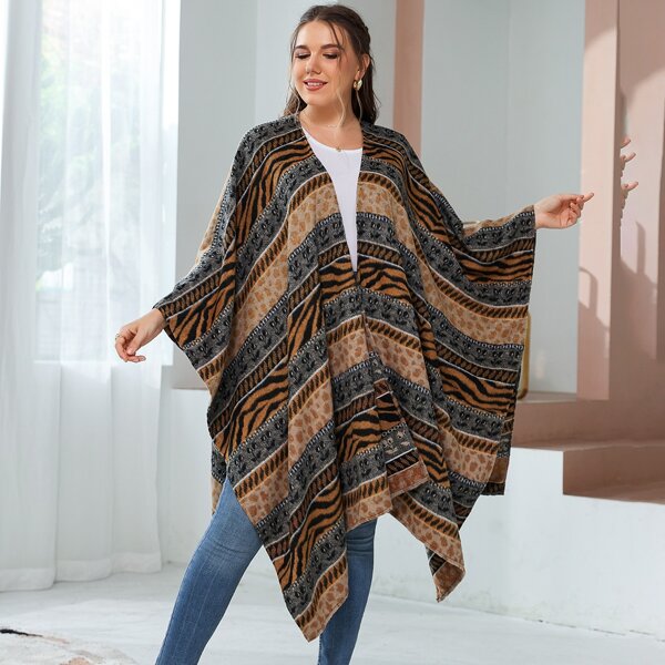 

Plus Leopard And Tiger Striped Wrap Cape Overcoat, Multicolor