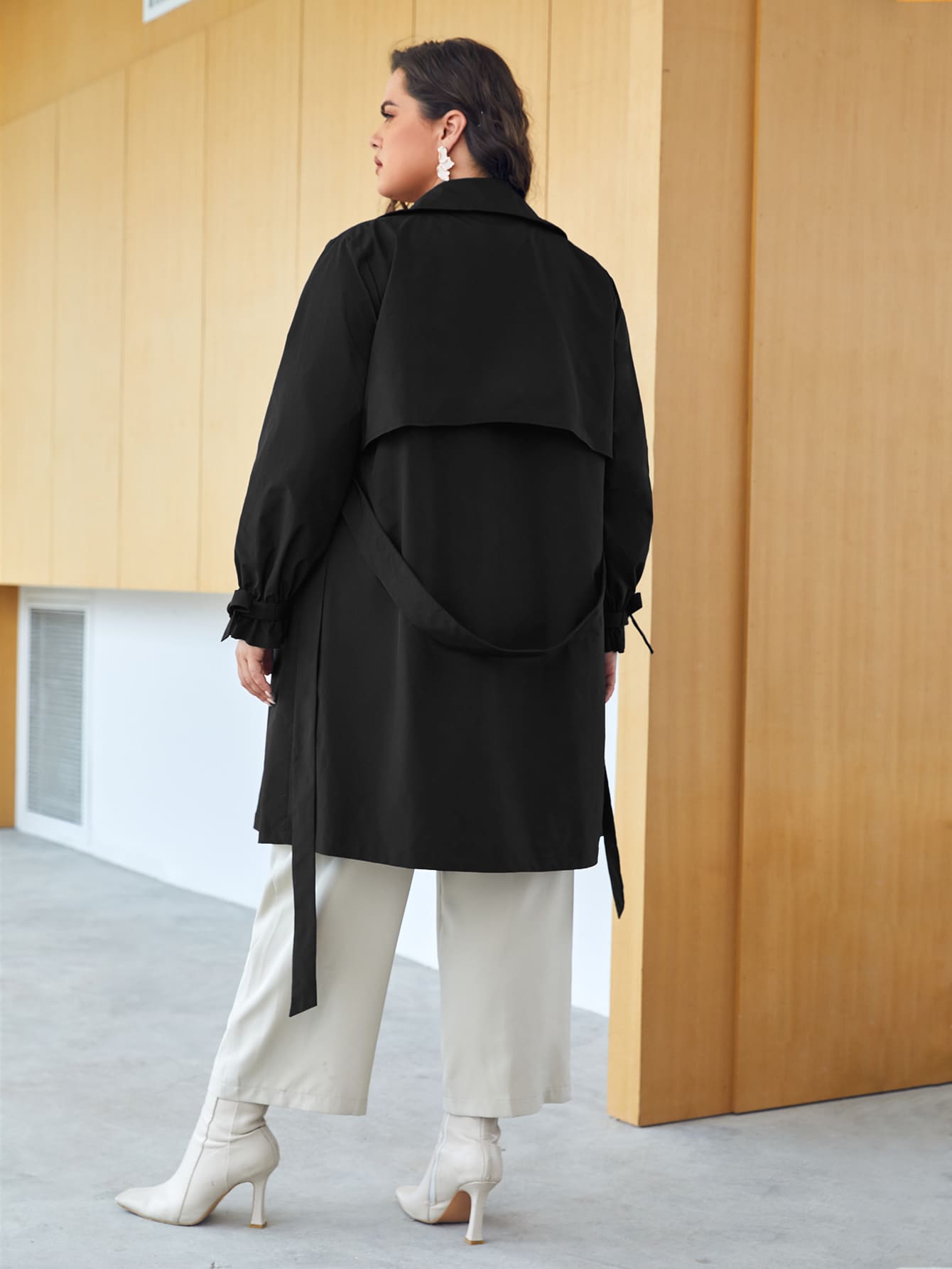 Plus Knotted Cuff Belted Double Breasted Trench Coat