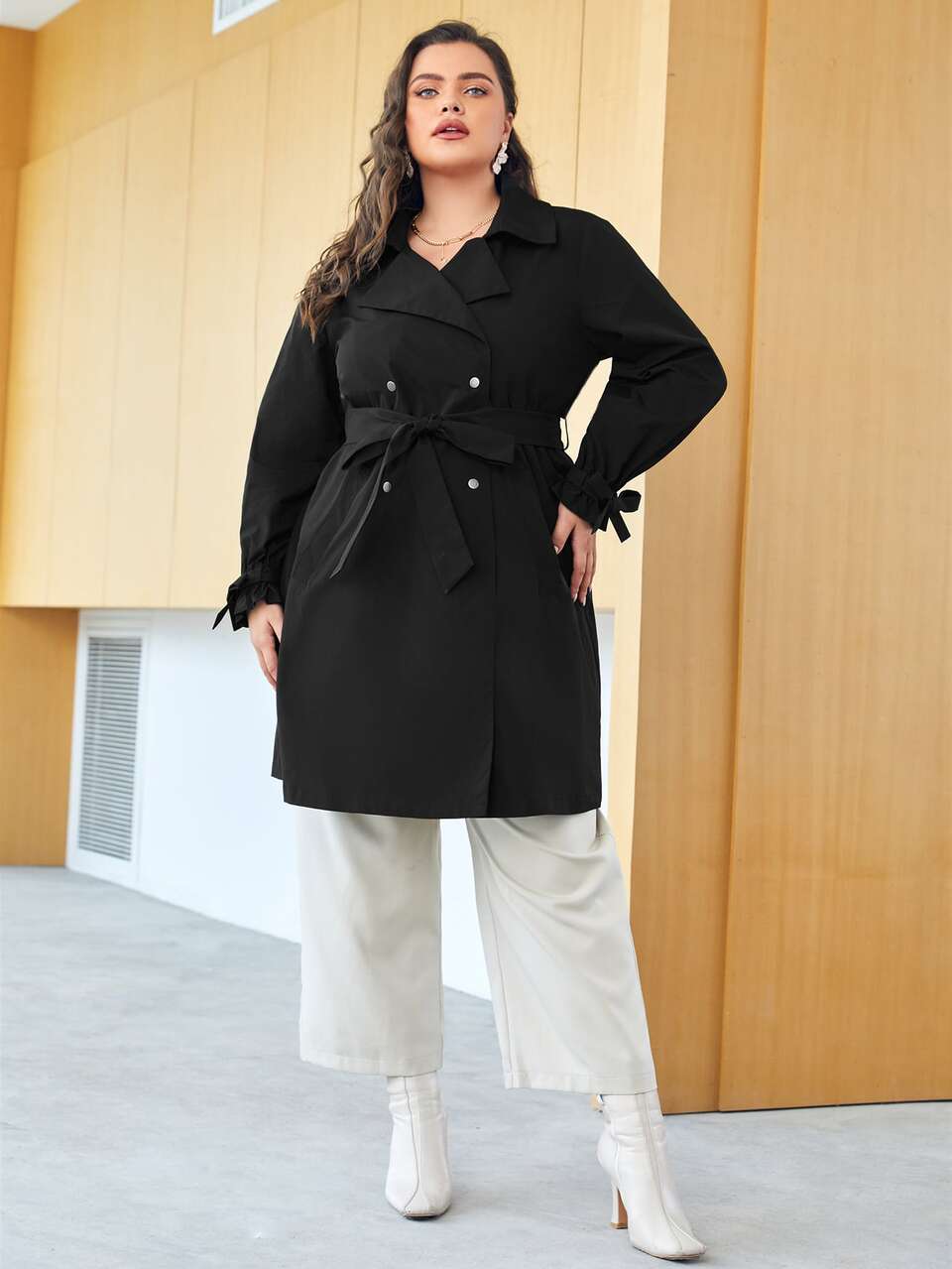 Plus Knotted Cuff Belted Double Breasted Trench Coat